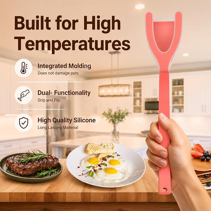 Silicone Egg Flipper Spatula Tongs (Set of 1) – Non-Stick 2-in-1 Grip & Flip Kitchen Tongs for Pancakes, Fish, Eggs, and More – Heat Resistant Cooking Tool (Red)