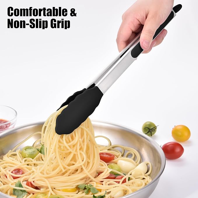 Doosu Kitchen Tongs with Silicone Tips for Cooking Serving (9+12in, Black) | 600°F Heat Resistant Food Tong, Heavy Duty Stainless Steel Locking Tong for BBQ, Grilling Steak, Salad, Toast, Pasta