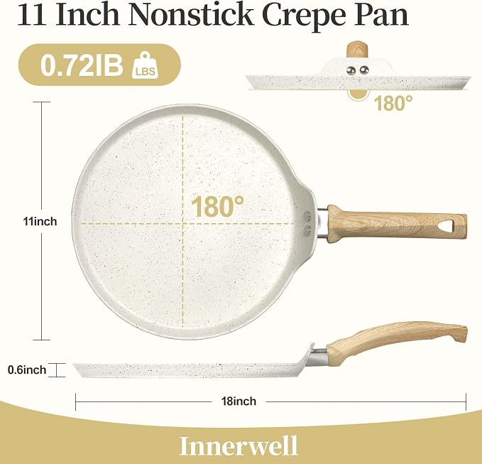 Innerwell 11 Inch Nonstick Crepe Pan,Granite Coated Pancake Pan-White | Granite nonstick coating, PFOA-free. Works on gas, electric, ceramic & induction. Easy-release & easy-clean.