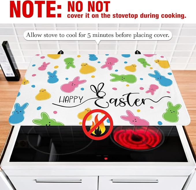 Happy Easter Glass Stove Top Covers for Electric Stove,Spring Rabbit Bunny Chick Polka Dots Heat Resistant Cooktop Protector Non-Slip Washable Dish Drying Mat Rug Pad for Kitchen Decor 28"x20"