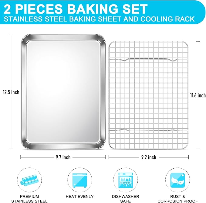 E-far Baking Sheet with Wire Rack Set, 12.5" x 9.7" (1 Pan +1 Cooling Rack) | Stainless Steel Sheet Pan with Cooling Rack for Oven, Metal Broiling Tray for Cooking Roasting, Non-Toxic, Dishwasher Safe
