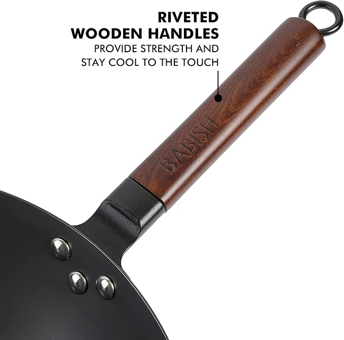 Babish Carbon Steel Wok 14 Inch Flat Bottom Stir Fry Pan Durable Heavy Duty Cookware for High Heat Cooking Stir Fry Sautéing Frying Compatible with Gas Electric and Induction Stovetops