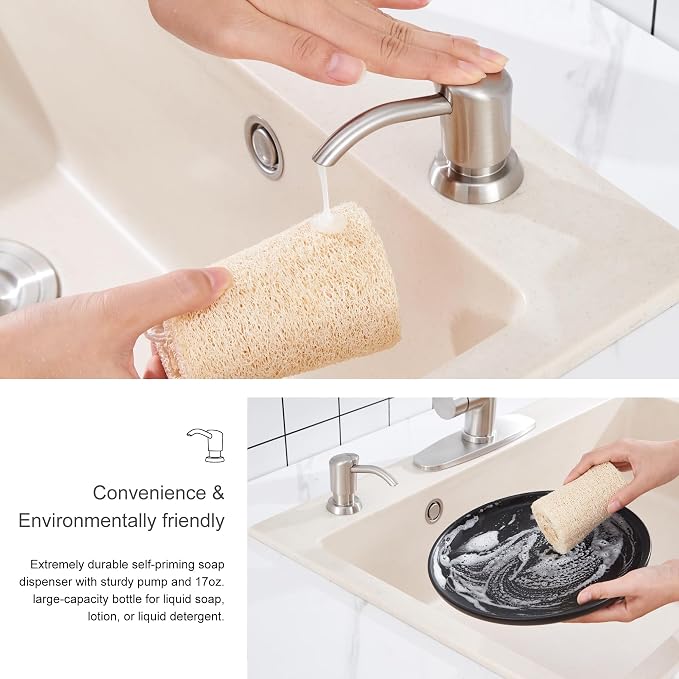 Dish Soap Dispenser for Kitchen Sink, 17 oz Bottle, Brushed Nickel | Refills From The Top, No-Leak ABS Pump, DIY Installation, 360° Swivel, Fits 1–1.5 in Sink Holes; for Dish Soap or Lotion