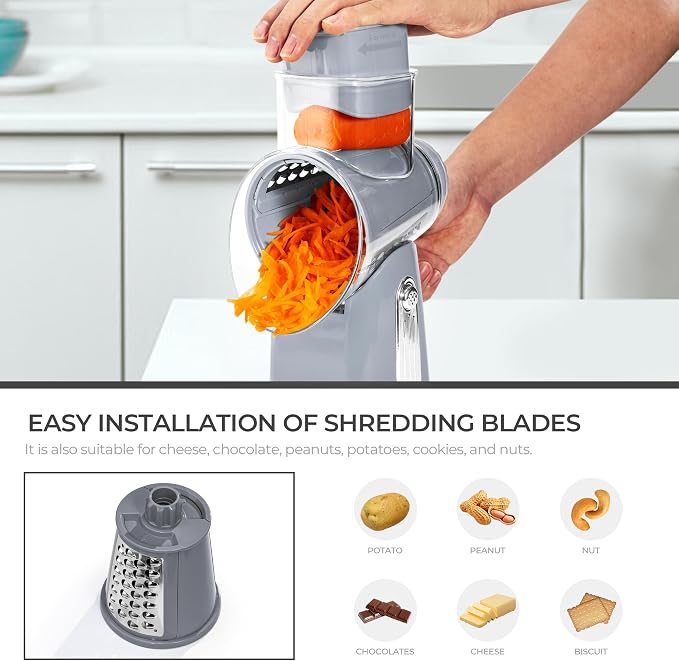 SUSTEAS Rotary Cheese Grater 5 Blades,Kitchen Mandoline Vegetable Slicer | Gray, Easy to Clean, Strong Suction Base, 5 Blades Storage Box, Round Mandoline Slicer & Food Chopper for Salad
