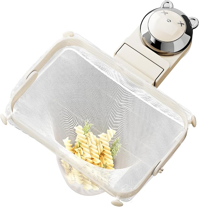 Foldable Kitchen Sink Strainer with Filter Mesh Bags, Food Waste Filter Basket, Suction Cup Folding Washing Vegetables and Fruits Drying Bag Holder (White)