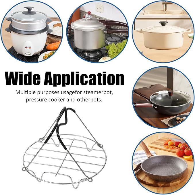 19.5cm Steamer Rack Trivet with Heat Resistant Silicone Handles | 19.5cm/7.68inch Silver Stainless Steel Steamer Rack Trivet for Lifting out Delicious Cooking, for 6, 8 Qt Pressure Cooker
