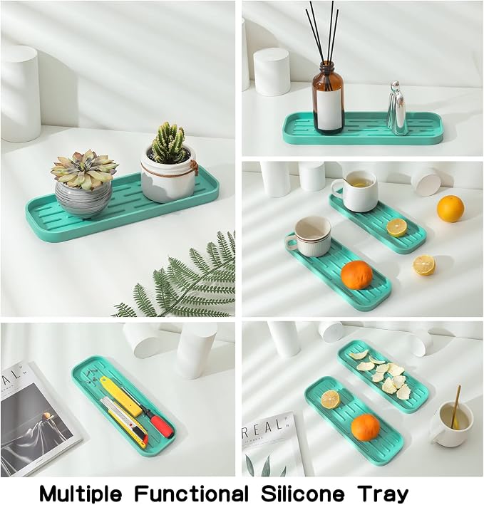 MicoYang Silicone Kitchen Sink Organizer Tray for Multiple Usage,Eco-Friendly Sponges Holder for Kitchen Bathroom Counter or Sink,Dish Soap Dispenser,Scrubber,Bottle,Cup (Mint, 12"×4")