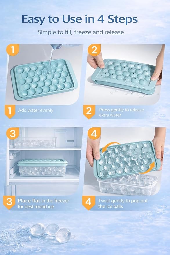 Ice Cube Tray with Lid and Bin, 1" Round Ice Trays for Freezer | 2 Blue Ice Cube Trays with Ice Box & Tong, 1" Round Ice Balls for Iced Coffee & Juice, Easy Twist Release, For Gatherings