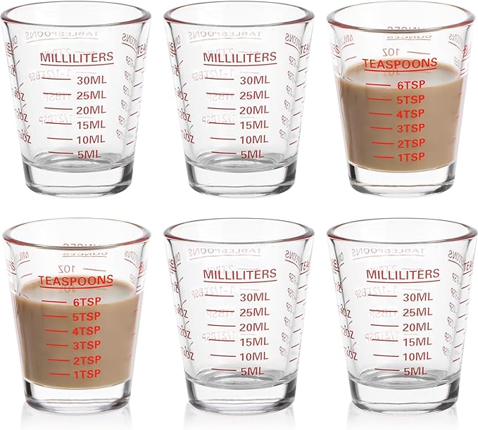 SAIAOKJ Shot Glass Measuring Cup Set, 6 Pack Espresso Shot Glasses (Red) | Glass measuring cups feature 26 markings up to 1 OZ, 2 TBS, 6 TSP, 30 ML for espresso, liquor, medicine and recipes