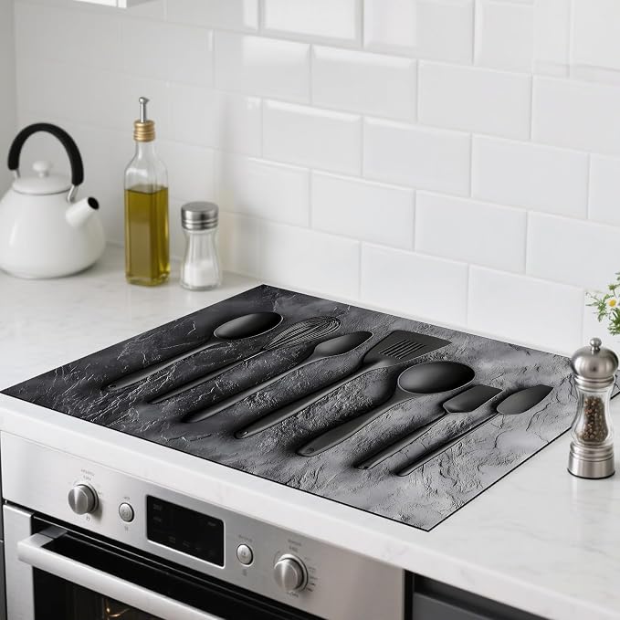 Nuxovilar Stove Top Cover Cooktop Mat 28.3x20.4in Polyester Diatom | Electric Guard Range Countertop Pad Burner Protection Sheet Kitchen Decor Cooking Space Home Accent (Black Utensils)