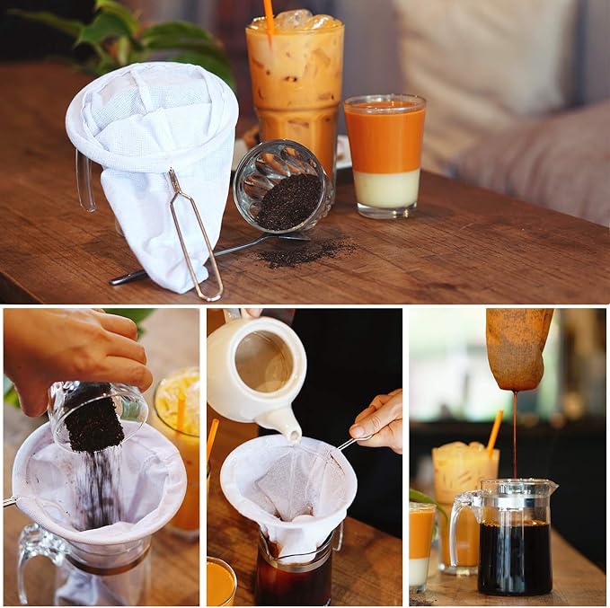 Traditional Stainless Steel Reusable Mesh Filter for Thai Tea Filter, Coffee & Loose Leaf Drinks, Thai Tea Strainer Sock 5.5 Inches