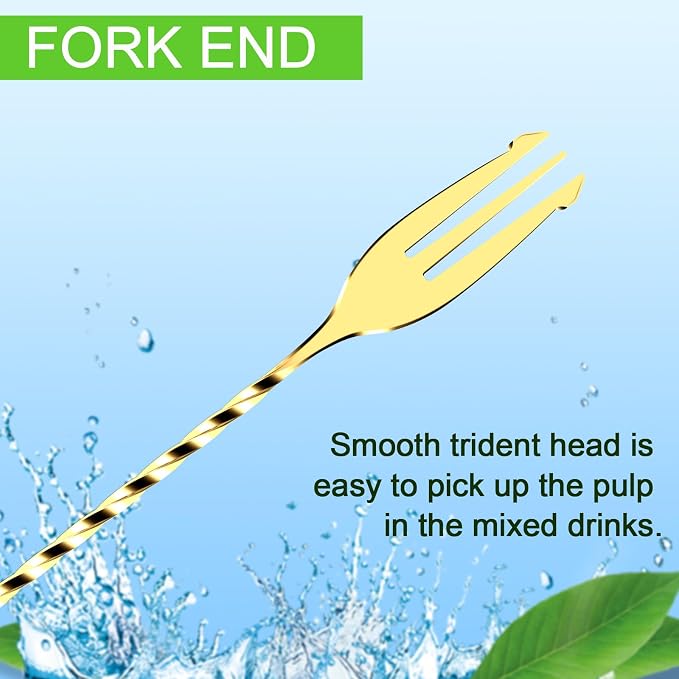 Bar Spoon Cocktail Mixing Stirrers, 2Pcs,12” with Trident Fork, Gold | 18/8 Stainless Steel, Double Ended Design, Long Drink Spoons, Trident Fork, for Stirring Coffee & Cocktails