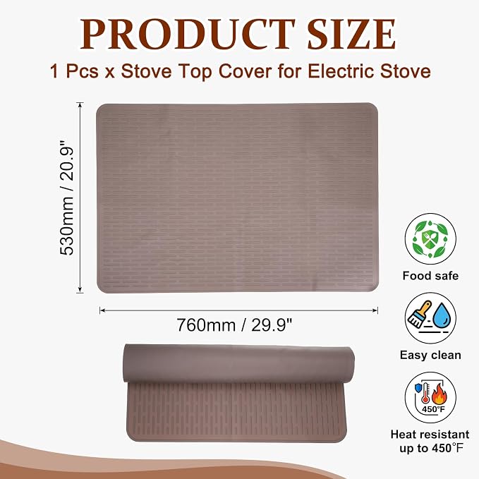 PATIKIL 30 x 21 Inch Stove Top Cover for Electric Stove, 1Pcs Silicone Stripe Mat for Glass Top Cover Non-Slip Glass Cooktop Protector for Kitchen Oven Dish Drying Mat, Brown