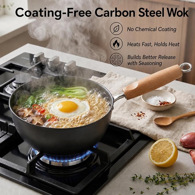 Small Carbon Steel Wok with Lid, 7-Inch 1.5QT Flat Bottom Pan | Uncoated mini wok for ramen, soup and eggs; induction-ready flat bottom design sized for 1-2 servings and everyday meal prep.