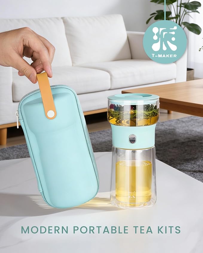 ZENS Modern Glass Infuser Teapot, One Touch Tea Release Loose Tea Maker | Loose Leaf Tea Diffusers, Magic Teapot with 9oz Mug, Portable Tea Infuser with Case, Tea Lovers Gifts, Blue