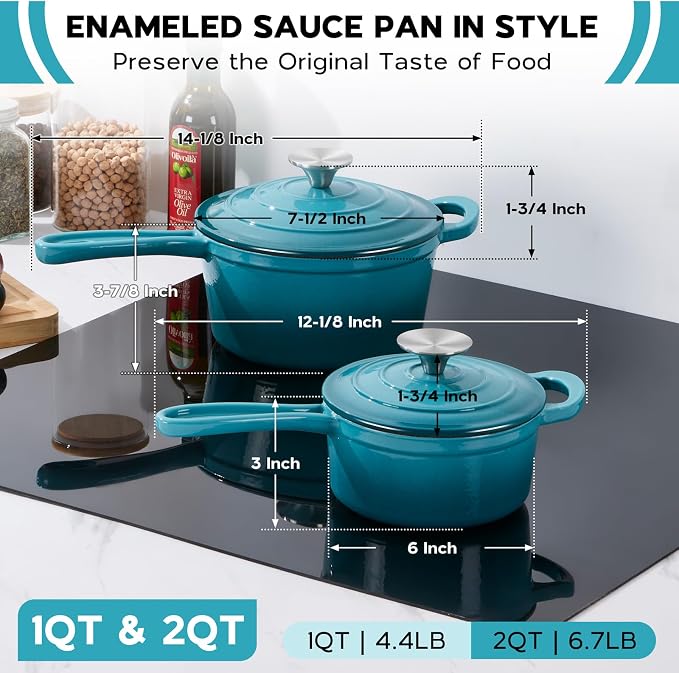 Onader 1QT & 2QT Saucepan Set with Lid, Enameled Cast Iron Sauce Pan Pot, Small Dutch Oven Cooking Kitchen Pot, Nonstick & Heavy Duty, Induction Compatible – Dark Cyan