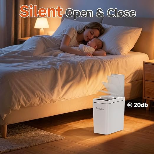 Solar Automatic Bathroom Trash Can: 2.6 Gallon Small Motion Sensor Garbage Can, No Charging Required, Slim Smart Touchless Trash Bin with Lid for Bedroom, Living Room, Office, RV, White