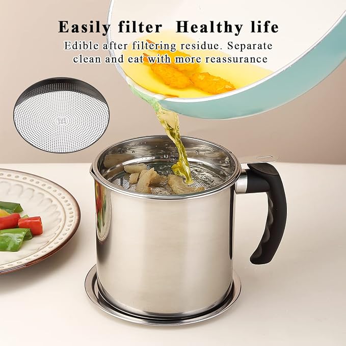 Kyraton Bacon Grease Container With Strainer, 48 oz Stainless Steel Oil Container, Pot Fat Storage With Lid, Easy Grip Handle Suitable For Storing Frying Oil And Cooking Grease 1. Silver