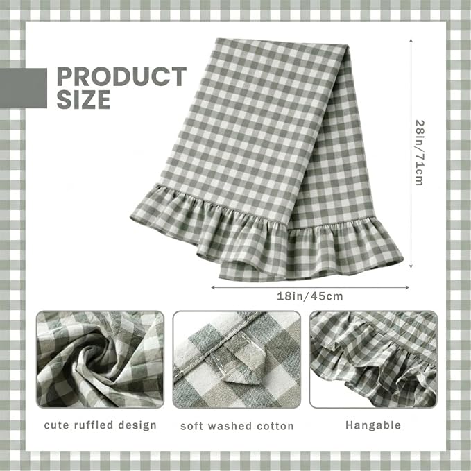 HunnmingRe 2 Pcs Sage Green Gingham Kitchen Towels Cotton Ruffled | Checked Dish Towels 18"x28" Tea Cloths Plaid Cottage Core Kitchen Decor for Farmhouse Charm Drying Dishes Entertaining Guests