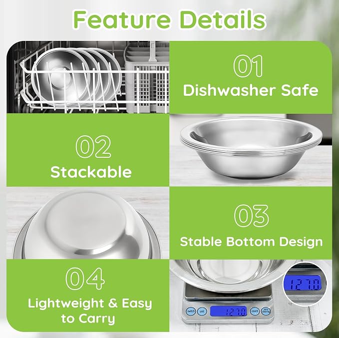 304(18/8) Stainless Steel Mixing Bowls for Kitchen, 2 Pack 8.7" 34.88 fl.oz Metal Mixing Bowls Set Stackable for Baking Serving Cooking Food Prep Storage Dishwasher Safe Lightweight