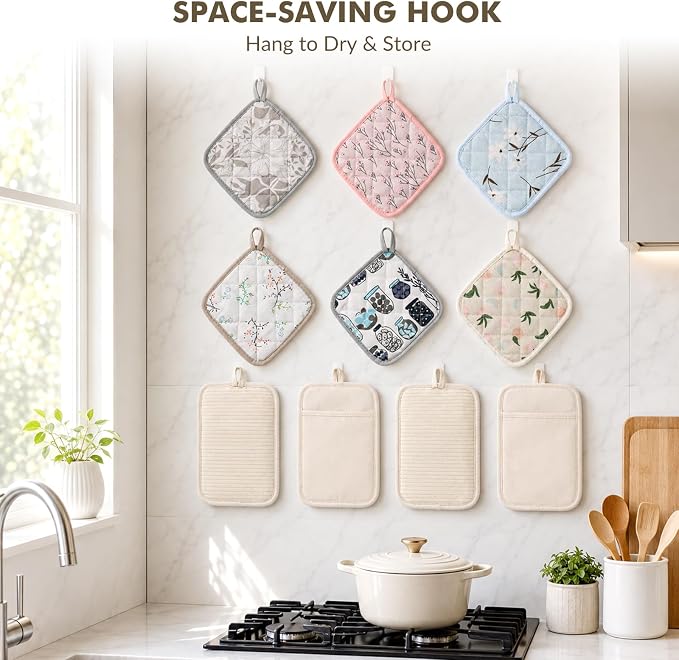 LEEPENK10Piece Pot Holders for Kitchen Heat Resistant,4 Beige Pot Holder with Non-Slip & 4 Japanese Pattern Potholders,Plus 2 Mini Oven Mitts,Hot Pads for Cooking Hot Dishes,Kitchen Aid Pot Holders