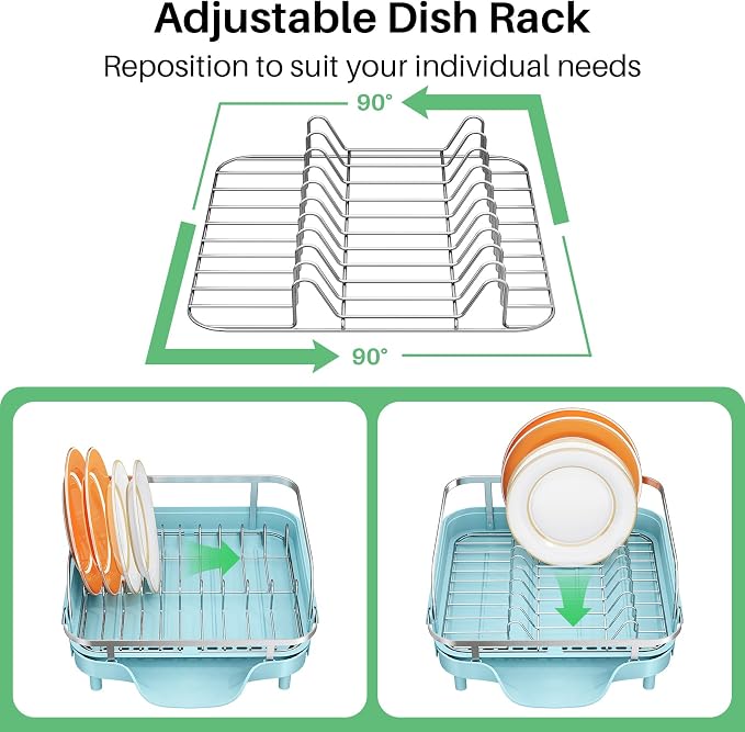 SNTD Expandable Dish Drying Rack for Kitchen Counter, 15.2-22.1 in, Blue | Rust-Resistant Stainless Steel, Protective Side Rails, Self-Draining Drainboard, Removable Utensil Holder