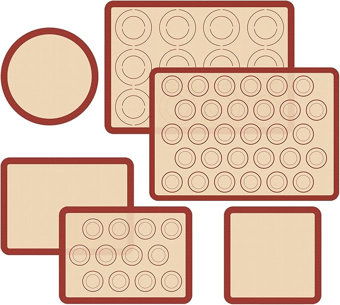 Silicone Baking Mat Set of 6, Nonstick & Reusable | Macaron Silicone Sheets for Baking, Heat Resistant Multi Pack Sets for Pastries, Macarons, Cookies, Pizza