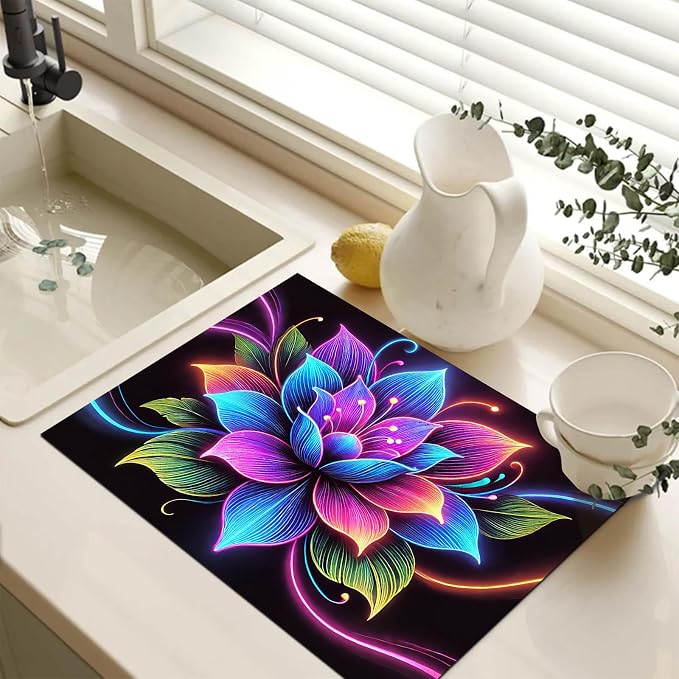 HOMETITUTE Neon Flower Stove Top Cover 28x20 Vibrant Diatomite Mat