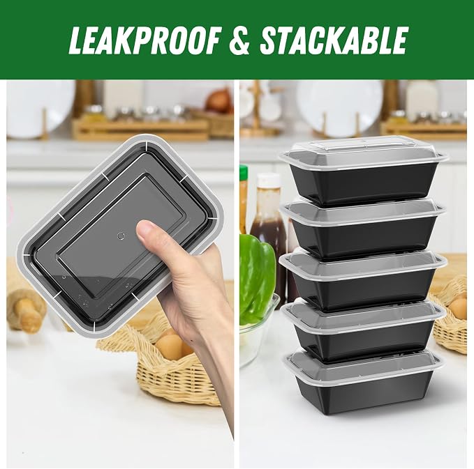 Dealusy 50 Pack (100-Piece) 24 oz Meal Prep Containers Reusable with Lids | Sturdy Leakproof & Food Safe, Microwave, Freezer, Dishwasher Safe Prep Containers, To Go Take Out Plastic Food Storage