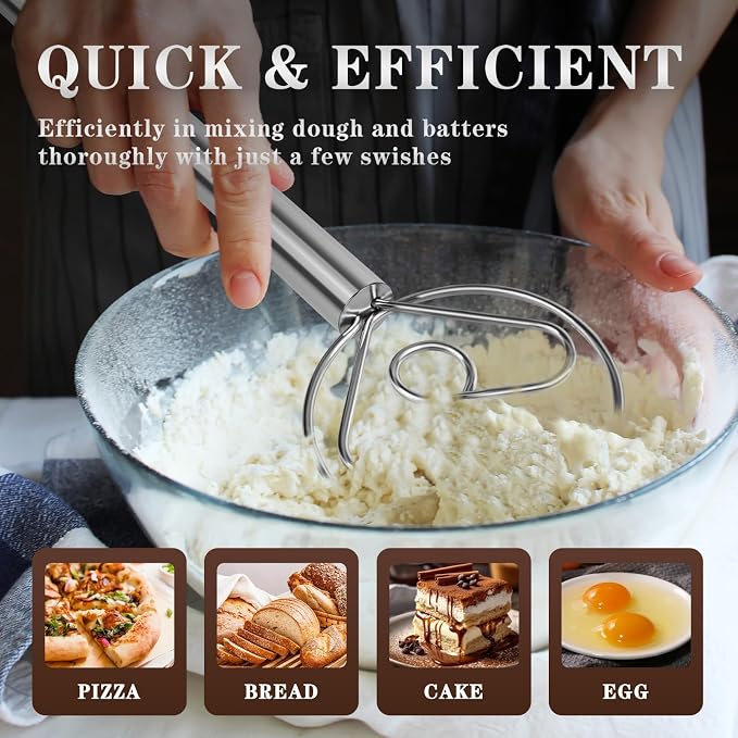TEEVEA Danish Dough Whisk Stainless Steel for Sourdough Bread | Dutch Dough Hook, Replaces Hand Mixer and Spoon, Bread Baking Tool, Food Grade Rust Resistant Steel, Non-Stick, Easy to Clean