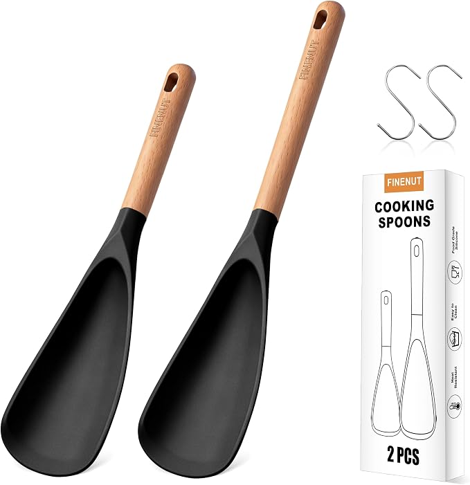 13" & 11" Silicone Cooking Spoons 2-Pack with S-Hooks - Wooden Handle Spoonula Set for Nonstick Cookware - Heat Resistant 446°F Spatula Spoon for Mixing & Serving, BPA Free