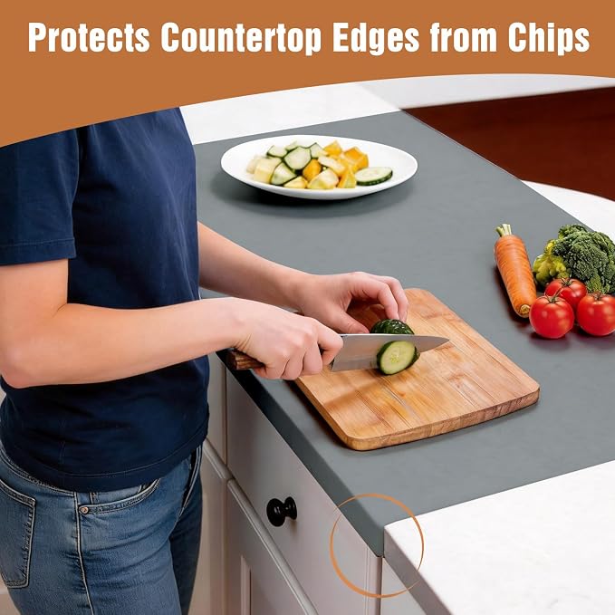 Silicone Mat for Kitchen Counter with Edge Protection – Quartz Countertop Protector, Heat Resistant & Non-Slip, Easy Clean, 100% Food Grade Silicone, 28"x20" (Gray)