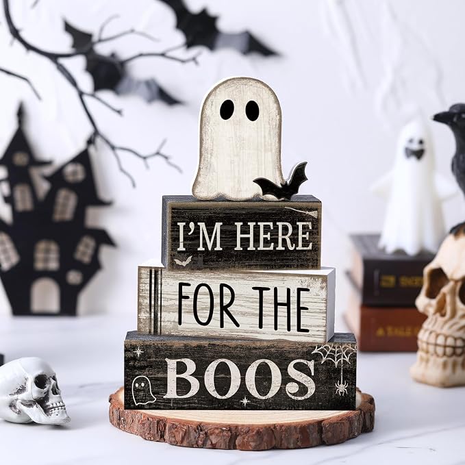 Lineshading 4 Pcs Halloween Table Decoration Ghost Wooden Tiered Tray Decor | Stacked Blocks with Ghost, Rustic Wood, For Tabletop Shelf Mantel, Halloween Farmhouse Home Styling, Gift Ready
