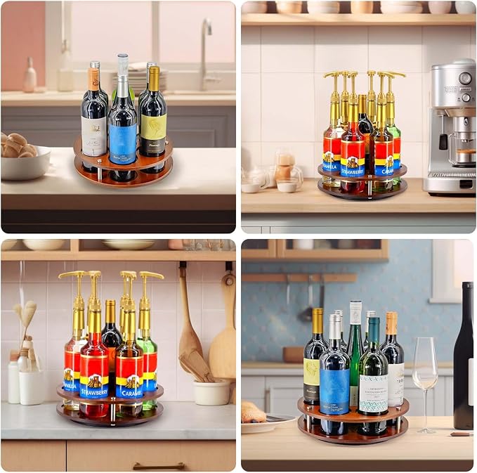 Rotating Coffee Syrup Organizer Rack, 7 Syrup Bottles Stand Holder | Anti-fall Design,7 Bottles Storage Display Turntable Tray & Lazy Susan for Syrup,Liquor Wine in Kitchen Countertop
