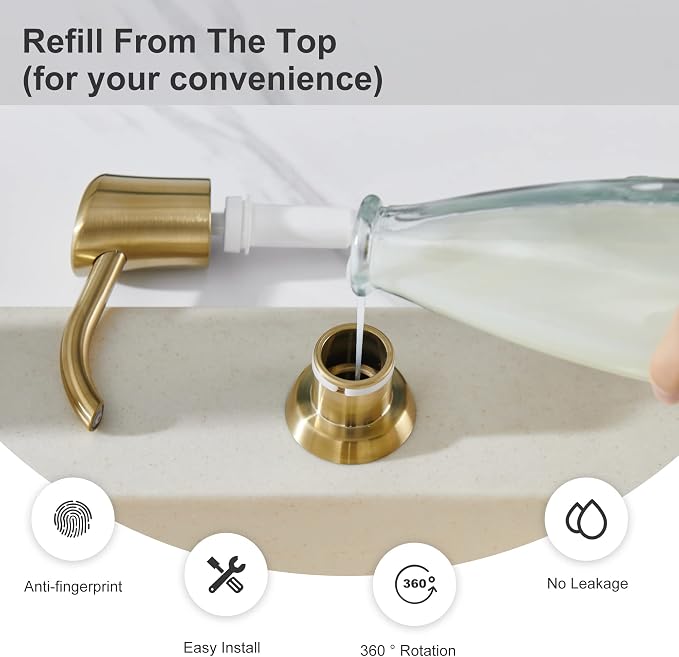 Dish Soap Dispenser for Kitchen Sink, 17 oz Bottle, Brushed Gold | Refills From The Top, No-Leak ABS Pump, DIY Installation, 360° Swivel, Fits 1–1.5 in Sink Holes; for Dish Soap or Lotion