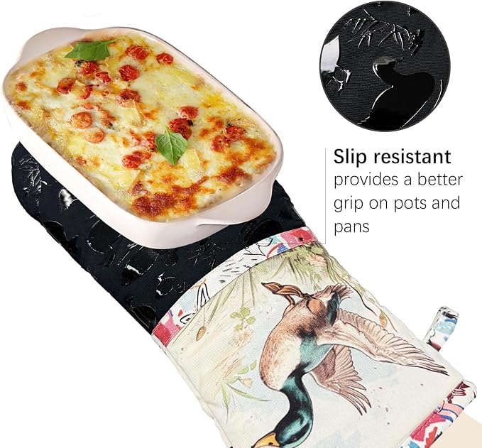 Alselo Oven Mitts 1 Pair, Silicone Printed Kitchen Mittens,7"x13.5" | Heat Resistant & Non-Slip Oven Gloves, Fashion Animal Design with Soft Quilted Cotton Lining for Baking Cooking (Darkgray2)