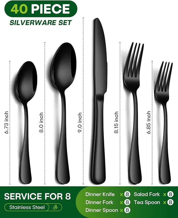 PHILIPALA 40 Piece Black Silverware Set, Stainless Steel Flatware Set for 8 Food Grade Cutlery Utensil Set Include Knife Fork Spoon Mirror Polished Dishwasher Safe