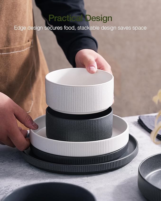 Famiware Star Stoneware Dinnerware Set, Reactive Glaze Plates & Bowls for 4 | 12-Piece Handmade Ribbed Dishes, Chip & Scratch Resistant Ceramic. Microwave & Dishwasher Safe, Rustic Modern, White & Black