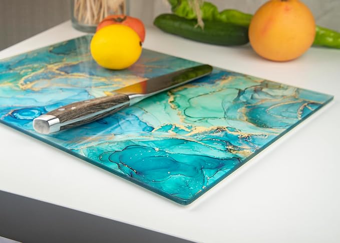 Glass Cutting Board 16"x12": Tempered Glass Kitchen Counter Protector - Durable- Scratch-Resistant, Heat-Proof - Design 9 - Teal Ocean