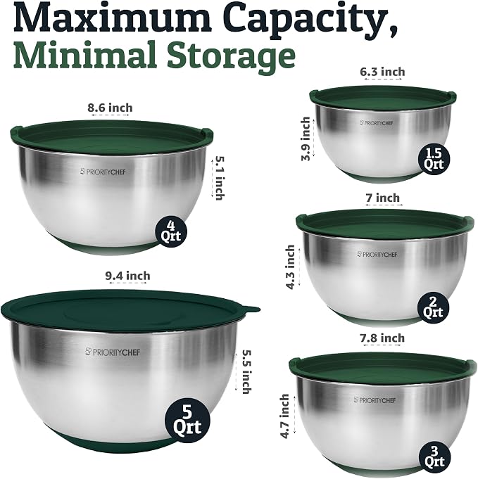 Priority Chef Stainless Steel Mixing Bowls with Lids Set, 3 Grater Attachments, Airtight Lids, Non-Slip Silicone Base Mixing Bowl Set, Large Prep Metal Mixing Bowls for Kitchen, Green