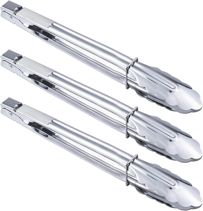 HINMAY Stainless Steel Serving Tongs Grilling Tongs for Cooking Camping Barbecue (12-Inch 3 Pieces) | Utility Spring Locking Tongs for Serving Cooking Grilling and Barbeque
