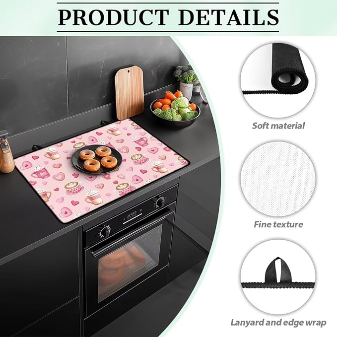 Valentine's Coffee Stovetop Covers for Electric Stove Heart Resistant Oven Mat Anti-scald Kitchen Countertop Cover Non-Slip Kitchen Counter Protector Pad 30"x21" Valentine's Decor