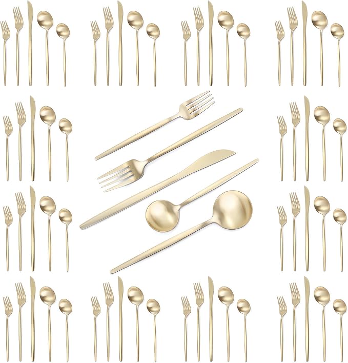 VANVRO Champagne Gold Silverware Set, 60-Piece Stainless Steel Flatware set,Matte Silverware Sets Service for 12, Tableware Cutlery Satin Finish Utensils for Kitchen,Dishwasher Safe