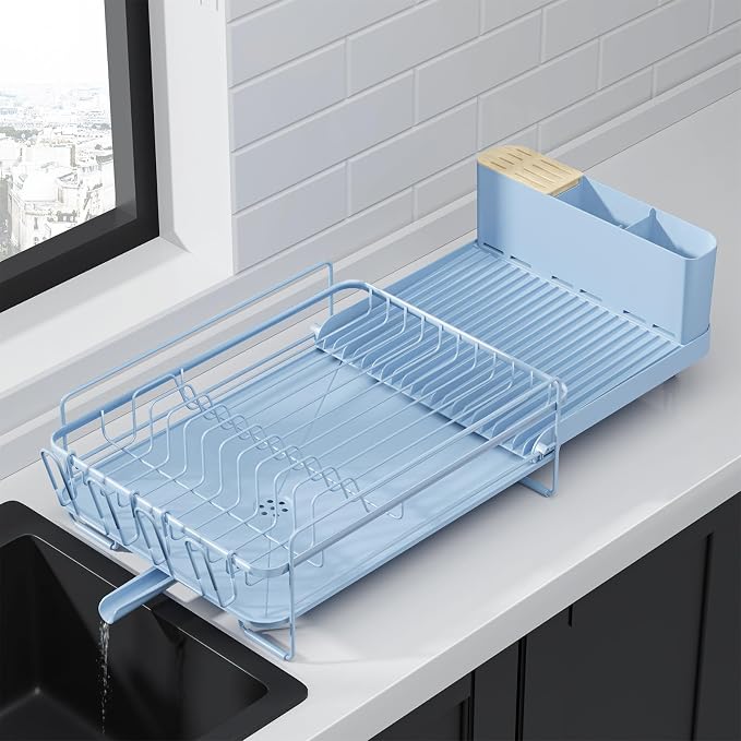 Kitsure Extendable Dish Drying Rack, 19.2"-26.7" L x 12.9" W, Blue | Large Dish Rack, Multifunctional Dish Rack for Kitchen Counter, Anti-Rust Dish Drainers with Cutlery & Cup Holders
