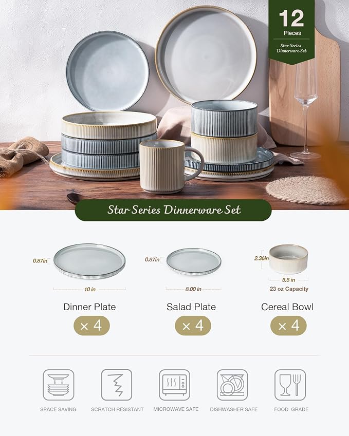 Famiware Star Stoneware Dinnerware Set, Reactive Glaze Plates & Bowls for 4 | 12-Piece Handmade Ribbed Dishes, Chip & Scratch Resistant Ceramic. Microwave & Dishwasher Safe, Rustic Modern, White & Blue