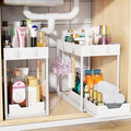 Simple Trending Under Sink Organizer 2 Pack, with Sliding Drawer, White | 2-Tier Multi-Use Under Shelf Organizer with Hooks, Sink Pull-Out Sliding Storage Cabinet for Kitchen Bathroom, Easy Assembly