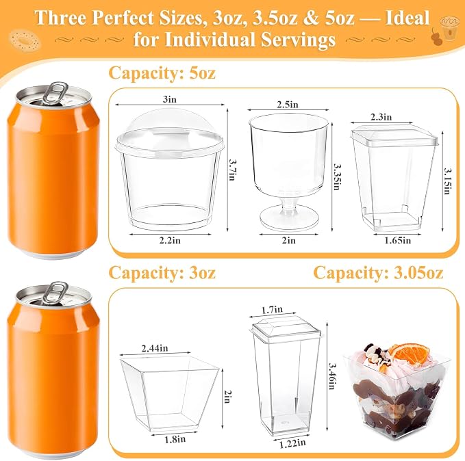 Plastic Dessert Cups with Lids and Spoons 3 oz, 3.5 oz and 5 oz | Mini Dessert Cups with Lids, Clear Yogurt Cups with Lid, Small Appetizer Cups for Fruit Party Pudding Shooter 185 packs