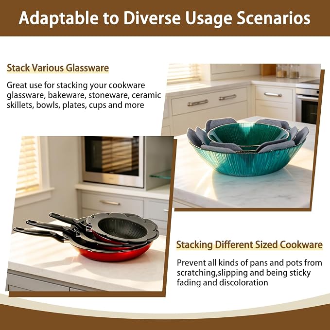 3PCS Silicone Pan Protectors(8"10"12") & 3 Felt Pot Separators for Stacking | Pot Protectors for Stacking,Thicker and Heat-Resistant,Avoid Scratching Cookware Protectors,Dishwasher Safe