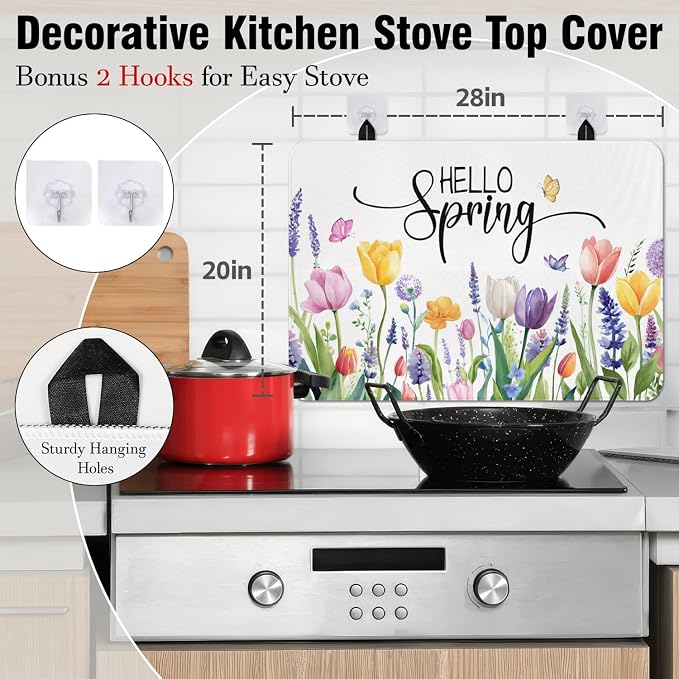 Spring Summer Glass Stove Top Covers for Electric Stove,Tulip Lavender Flower Floral Farmhouse Heat Resistant Cooktop Protector Non-Slip Washable Dish Drying Mat Rug Pad for Kitchen Decor 28"x20"