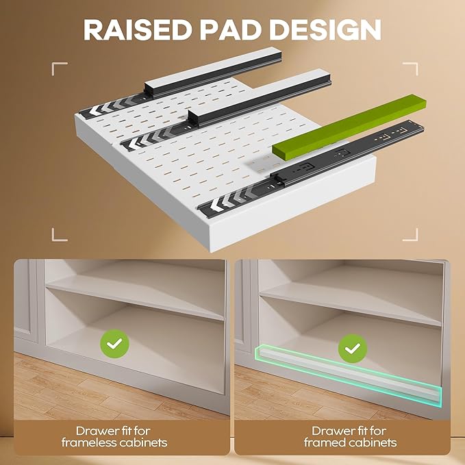 Seinloes 4 Pack Pull out Cabinet Organizer 21"Deep with Raising Pad for Framed Cabinets, Expandable Slide out Drawers for Kitchen Cabinets with 4pcs Divider Racks, Roll out Shelves 12.1"-20.4" W White
